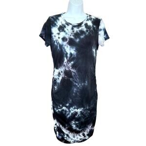 Antistar Black White Tie Dye Bodycon Stretch T-Shirt Dress Ruched Sides Medium